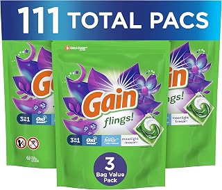Gain Flings! 3-in-1 Laundry Detergent Soap Pods, Moonlight Breeze Scent, 3 Bag Value Pack, 111 Count, HE Compatible, 37 Count (Pack of 3)