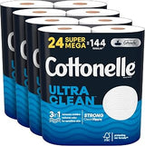 Cottonelle Ultra Clean Toilet Paper, Strong Toilet Tissue, 24 Super Mega Rolls (24 Super Mega Rolls = 144 Regular Rolls) (4 Packs of 6), 468 Sheets per Roll, Packaging May Vary