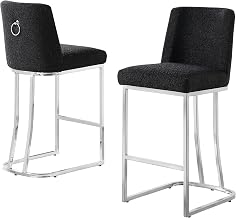 Modern Chairs Set of 2, Chrome Side Chairs & Counter Stools with Ring Pull Back, Luxury Upholstered Chairs for Kitchen Island, Dining Room & Home Bar (Boucle, Black / Silver, Bar Stool)