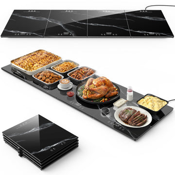 FEPPO Modular Warming Tray, 47x16 Inch Glass Surface, Marble Black