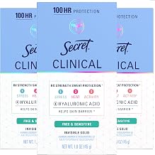 Secret Clinical Strength Antiperspirant Deodorant for Women, Free & Sensitive, 100hr Sweat & Odor Protection, 3X Stress Protection with Hyaluronic Acid, Invisible Solid, Unscented, 1.6 oz (Pack of 3)