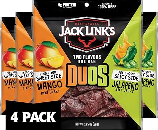 Jack Link's DUOs Jalapeno and Mango Beef Jerky - (4 Pack) 3.25 oz Bags - Ready to Eat Protein Snacks - 9g Protein per Serving - Made with 100% Real Beef
