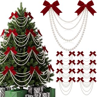 Amyhill 8 Pack Christmas Tree Bow and Pearl Decoration Christmas Tree Garland Set Include Burgundy Velvet Bow and White Pearl Beads Ornaments for Xmas Decor Mantel Stair Railing Indoor Home