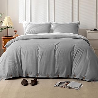 Duvet Cover Set King Size Coconut Button Closure,Heather Check Linen-Like Style 145g-Weight Durable Brushed Microfiber, Elegant Soft Modern King Duvet Cover (Light Grey,King