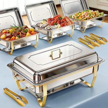 Powerfuel Rectangular Chafing Dishes, 11 Quart, 4 Pack with Tongs