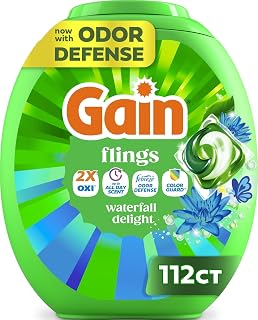 Gain Flings Liquid Washing Detergent Pacs, Now with Odor Defense + Color Guard, Waterfall Delight Scent, 4-In-1 Liquid Laundry Detergent Pods, Clean & Fresh, 112 Count (Packaging May Vary)