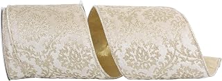 Reliant Ribbon Filigree Regal Glitter Velvet Deluxe Backed Wired Edge Ribbon, Ivory/Gold