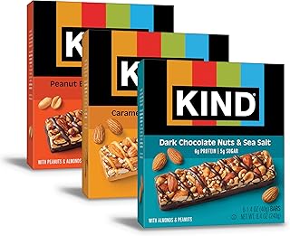 KIND Healthy Snacks Bars Variety Pack, Gluten Free, Low Sugar, High Fiber Snacks, Dark Chocolate Nuts & Sea Salt, Peanut Butter Dark Chocolate, Caramel Almond & Sea Salt, 6-7g Protein, 18 Count