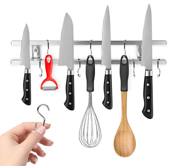 (16 Inch Stainless Steel Metal Magnetic Knife Holder by Modern Innovations – 16 Inch w/ Hooks, Stainless Steel, Silver, Model 1185