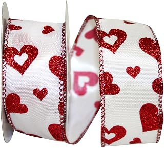 Reliant Ribbon Satin Glitter Hearts 2 Wired Edge Ribbon, 1-1/2 Inch X 20 Yards, White