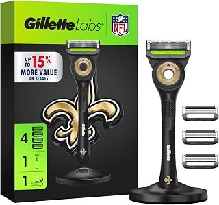Labs Official Saints Licensed Razor for Men, 1 Handle, 4 Blade Refills, with Magnetic Stand, Perfect for Game Day Grooming, Gillette Labs with Exfoliating Bar