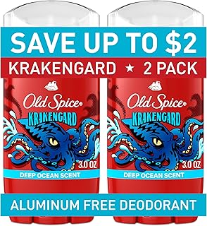Old Spice Aluminum Free Deodorant for Men, 24/7 Odor Protection, 24/7 Freshness & Lasting Scent, Goes on Clear, Krakengard with Deep Ocean Scent, 3.0 oz (Pack of 2)