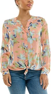 Women's Long Sleeve Linen-Like Button Up Shirt with Front Tie + Pocket, Poppy Red/Ceramic, XXL