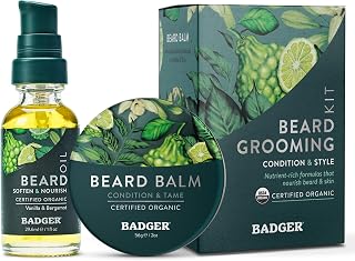 Badger Organic Beard Grooming Kit, Oil & Balm, 2-Pack | Subtle Masculine Scent, Mens Beard Care, Nourishes for Healthy Beard Growth, Beard oil and balm set, Facial hair conditioner