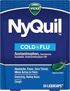 Vicks NyQuil Cold & Flu Relief Over-the-Counter Medicine, Powerful Multi-Symptom Nighttime Relief for Headache, Fever, Sore Throat, Minor Aches and Pains, Sneezing, Runny Nose, and Cough, 24 Liquicaps