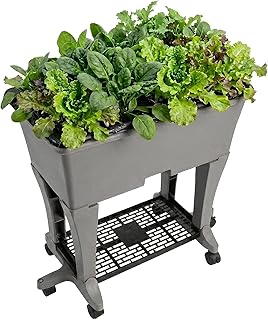 EarthBox Raised Garden Bed with Legs – Elevated Self Watering Planter Box with Wheels, Storage Shelf, Premium Plant Food, Easy Assembly, Made in USA, Gray