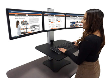 High Rise Electric Sit-Stand Standing Desk Converter by Victor – Triple Monitor, Wood, Black W/Aluminum, Model DC475