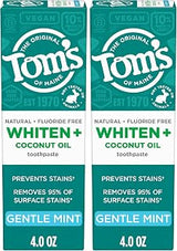 Tom's of Maine Whiten Plus Coconut Oil Fluoride Free Toothpaste, Natural Whitening Toothpaste with Coconut Oil and Plant-Based Cleansers, Whitens Without Causing Sensitivity, Gentle Mint, 4.0 Oz