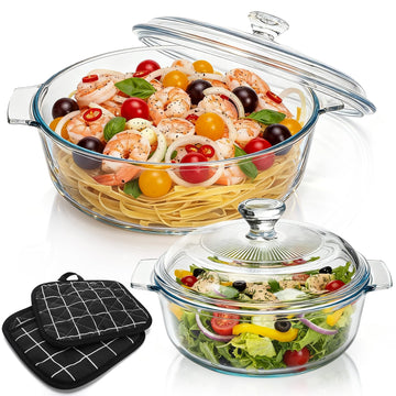 Elfully Round Glass Casserole Set, 1.8 and 0.8 Quart Capacities, Clear with Lids