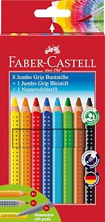 Faber Castell 280921 - Jumbo Grip Coloured Pencils 8ct with Pencil and Name Tag Pen