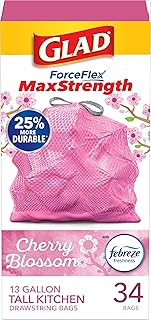 Glad Tall Kitchen Trash Bags 13 Gallon, MaxStrength Cherry Blossom Garbage Bags, Odorshield with Drawstring, 34 Count