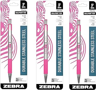 Zebra Technologies Zebra F-301 Stainless Steel Retractable Ballpoint Pen, 0.7mm, BCA Pink Barrel, Black Ink (3)