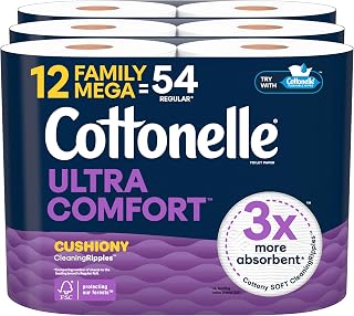 Cottonelle Ultra Soft Toilet Paper, 12 Family Mega Rolls = 54 Regular Rolls