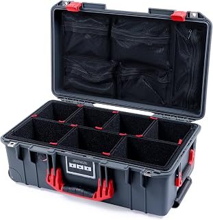 Charcoal Pelican 1535 Air case with Red Handles & latches. Comes with Trekpak dividers & mesh lid organizer.