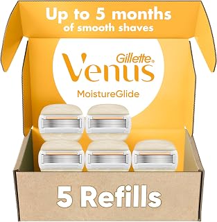Moistureglide Women's Razor Refills, 5 Refill Cartridges, Fits Venus Reusable Razor Handles, 5-Bladed Razor Blades with Built-in Shave Gel Bars, Women's Razor