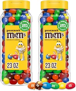 M&M's Peanut Chocolate Candy Jars, Party Size, Resealable, 23 oz, 2 Pack | Crunchy peanut milk chocolate candies in resealable jars for easy pouring for movie nights, party sharing, gift box, baking