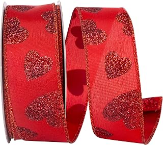 Reliant Ribbon 93774W-655-09H Glitter Hearts Taffeta Wired Edge Ribbon, 1-1/2 Inch X 20 Yards, Red/red