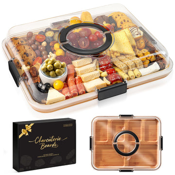 Renmxj Charcuterie Board with Lid, Bamboo Serving Tray, 6 Compartments Black