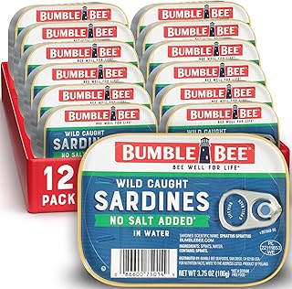 Bumble Bee Wild Caught Sardines in Water, No Salt Added, 3.75 oz (12-Pack) | Low Sodium, High Protein, Gluten Free, Keto Friendly, Clean Ingredients, Ready to Eat