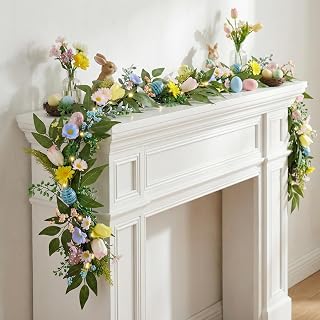 Valery Madelyn 6ft Lighted Easter Garland for Mantle, Pre-lit Spring Flower Garland with Pastel Egg & Daisy Flower, Artificial Eucalyptus Greenery Farmhouse Decor for Home Table Porch Stairs Indoor