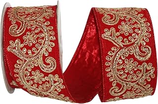 Reliant Ribbon Luxe Scroll Sequin Embroidery Lame Back Wired Edge Ribbon, 2-1/2 Inch X 5 Yards, Red/gold