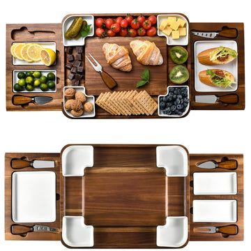 Shanik Acacia Cheese Board Set, Square Charcuterie Platter with Hidden Drawers, Brown