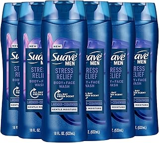 Suave Men’s Stress Relief Body + Face Wash, Gentle Moisture with Lavender & Cedarwood All Day Fresh Scent, 18 oz, 6 Pack
