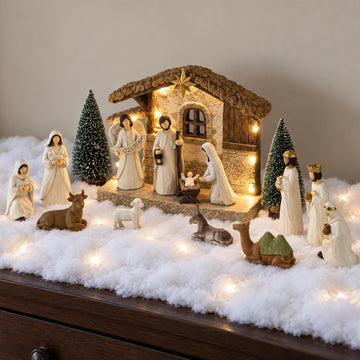Gleemoria Nativity Scene with Lighted Stable, 17 Pieces, White