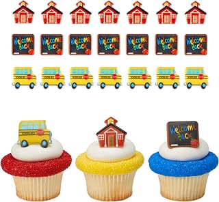 Back To School Cupcake Toppers, 24 DecoPac School Icons Cupcake Rings Featuring School Bus & Black Board - 24 Pack