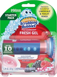 Scrubbing Bubbles Fresh Gel Toilet Bowl Cleaning Stamps, Helps Keep Toilet Clean and Helps Prevent Limescale & Rings, Berry Burst Scent, 1 Dispenser with 6 Fresh Gel Stamps