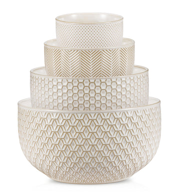 KooK Ceramic Nesting Bowls, Embossed Stoneware, Set of 4, Ivory