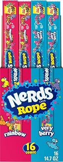 Rope Variety Box Candy, Rainbow & Very Berry, 0.92 oz, 16 Ct | Gummy rope, tangy crunchy NERDS candy coating, 2 flavors, individually wrapped, party box, lunchbox, sharing, bulk