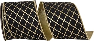 Reliant Ribbon Diamond Stripes Deluxe Wired Edge, Black/Gold, 4 Inch, 10 Yards