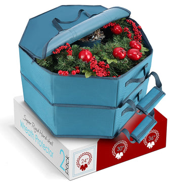 Hearth & Harbor Hard Shell Wreath Storage Container, 24 Inch, Blue, 2 Pack