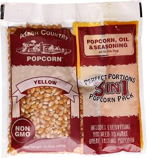 Amish Country Popcorn All-In-One Kernel Packs | Pre-Measured for Popcorn Machines and Includes Hulless Popcorn, Oil & Salt (Medium Yellow, Oil & Seasoning -10.75 oz - Pack of 24)