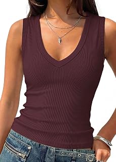 Deep V Neck Tank Tops for Women Ribbed Sleeveless Summer Top