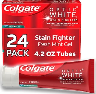 Colgate Optic White Stain Fighter Whitening Toothpaste Gel, Fresh Mint Flavor with Fluoride, Enamel-Safe for Daily Use, 4.2 Oz Tube (Pack of 24)