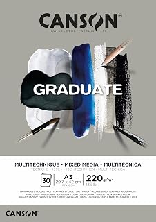 Canson Graduate Mixed Media 220gsm A3 Paper, Double Sided: Grained and Smooth, Pad Glued Short Side, 30 Grey Sheets, for Student Artists
