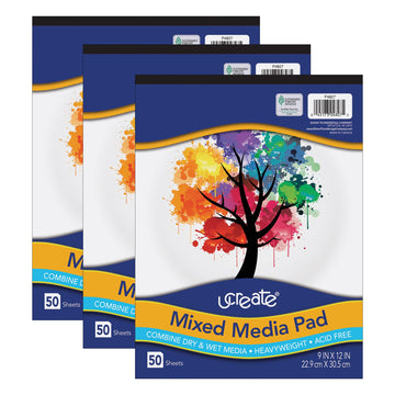 Mixed Media Pad by UCREATE – 9 x 12 inches, Paper, White, Pack of 3, Model PAC4827-3