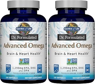 Garden of Life Dr. Formulated Advanced Omega Fish Oil - Lemon,1,290mg EPA,DHA + DPA in Triglyceride Form,Source Omega 3 Supplement for Ultimate Brain & Heart Health,Non-GMO,180 Softgels,(Pack of 2)